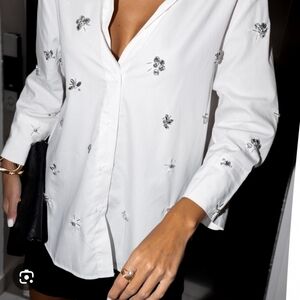 Zara White Embellished Button Down Shirt